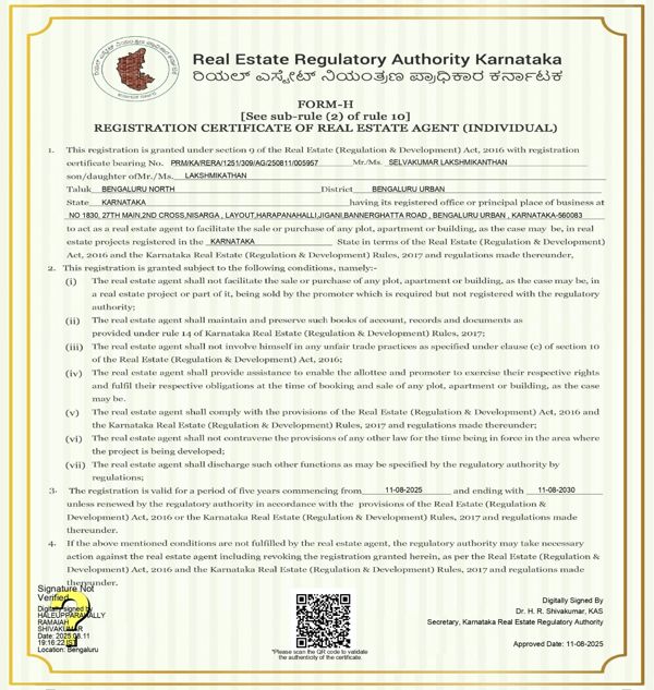 RERA Karnataka registration certificate of real estate agent