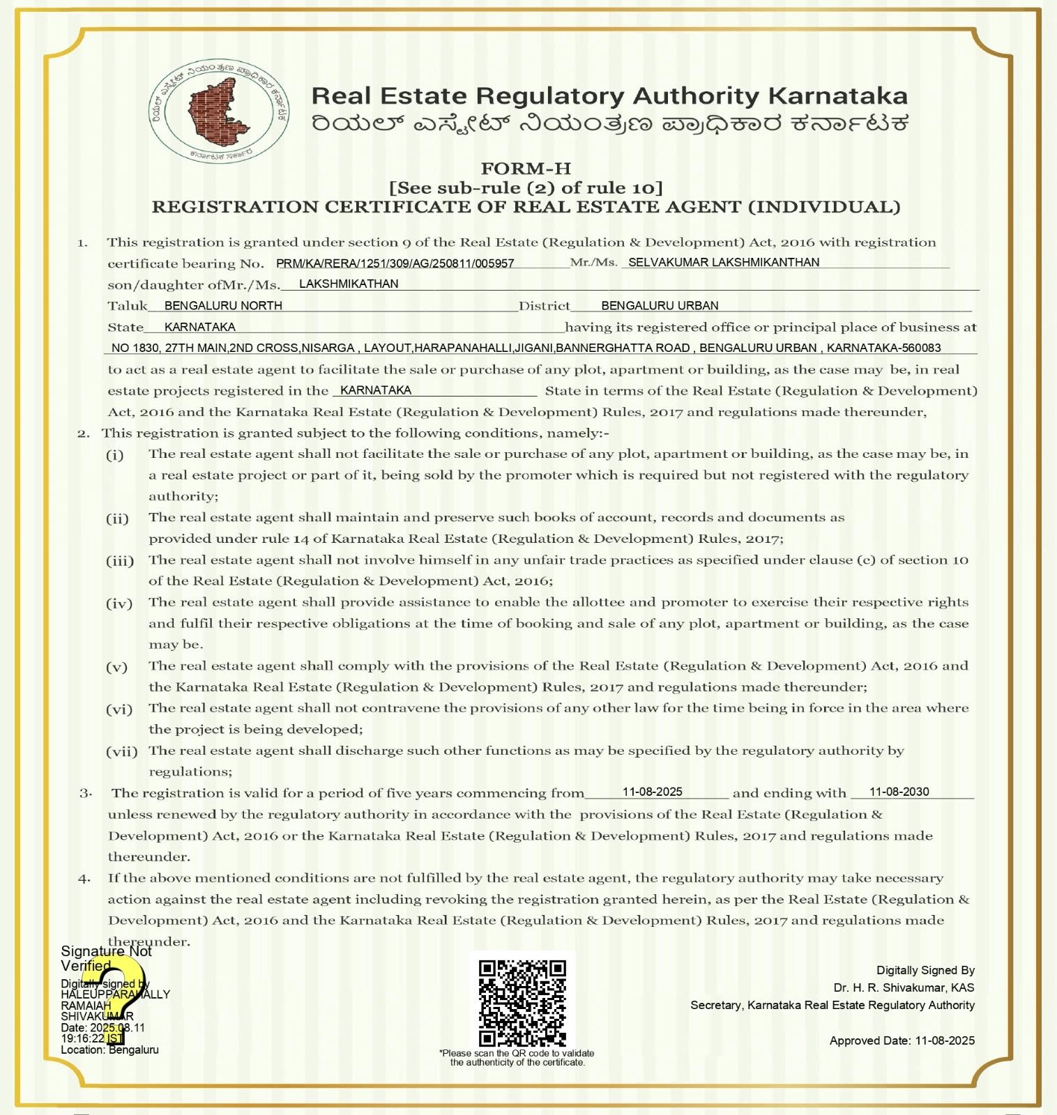 RERA Karnataka registration certificate, full size